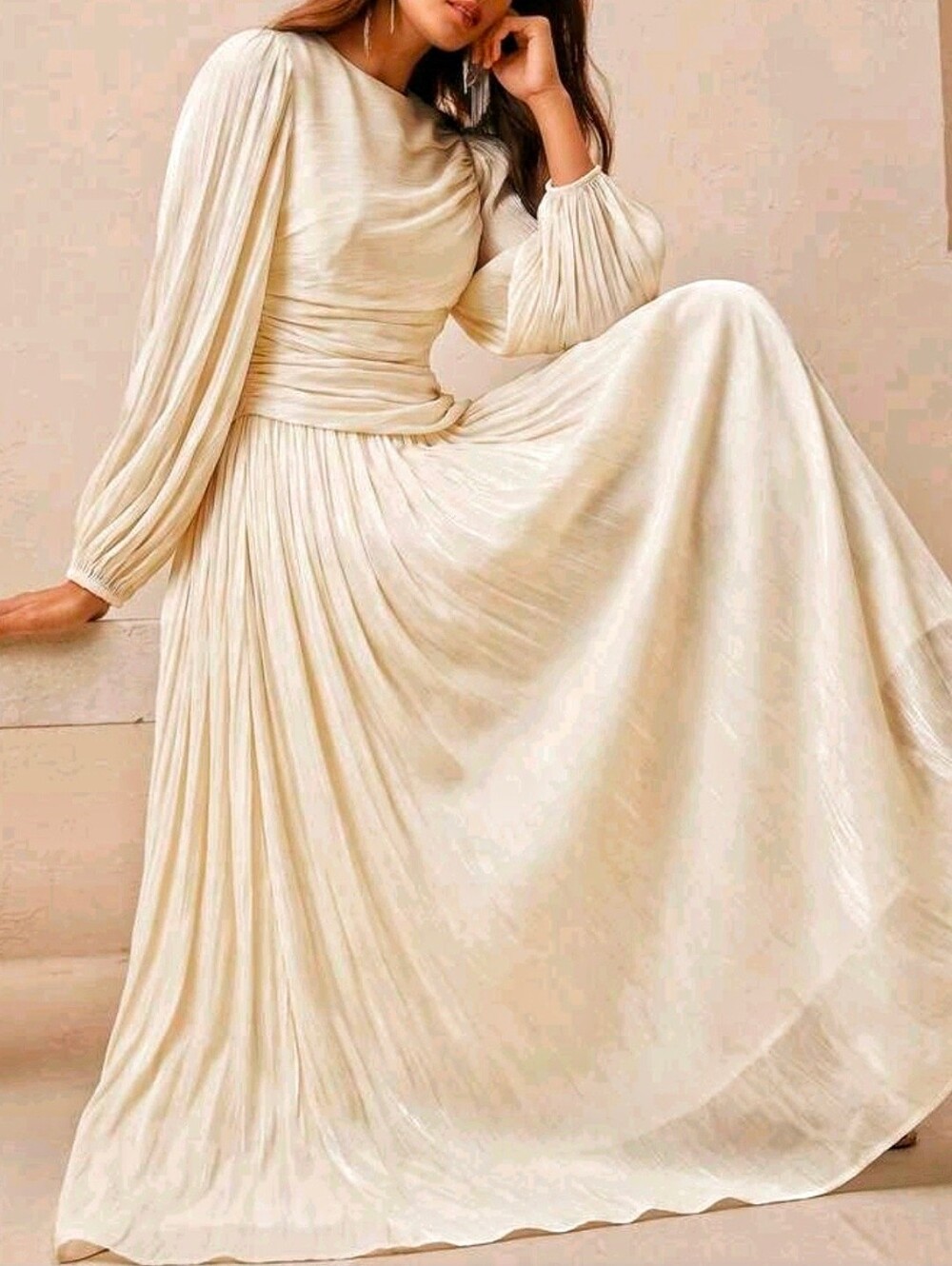 New Luxe Metallic Crinkle Ruched Waist Flared Maxi Dress Ivory Cream - Picture 7 of 10